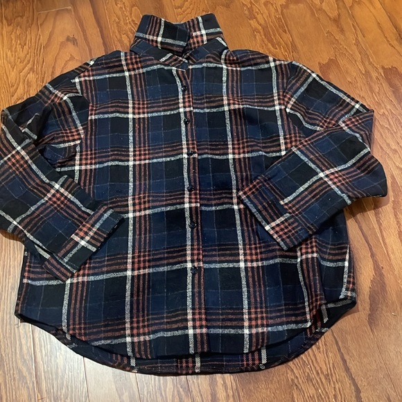 Dark Academia Blue Plaid Flannel Button Down Top - Picture 7 of 11